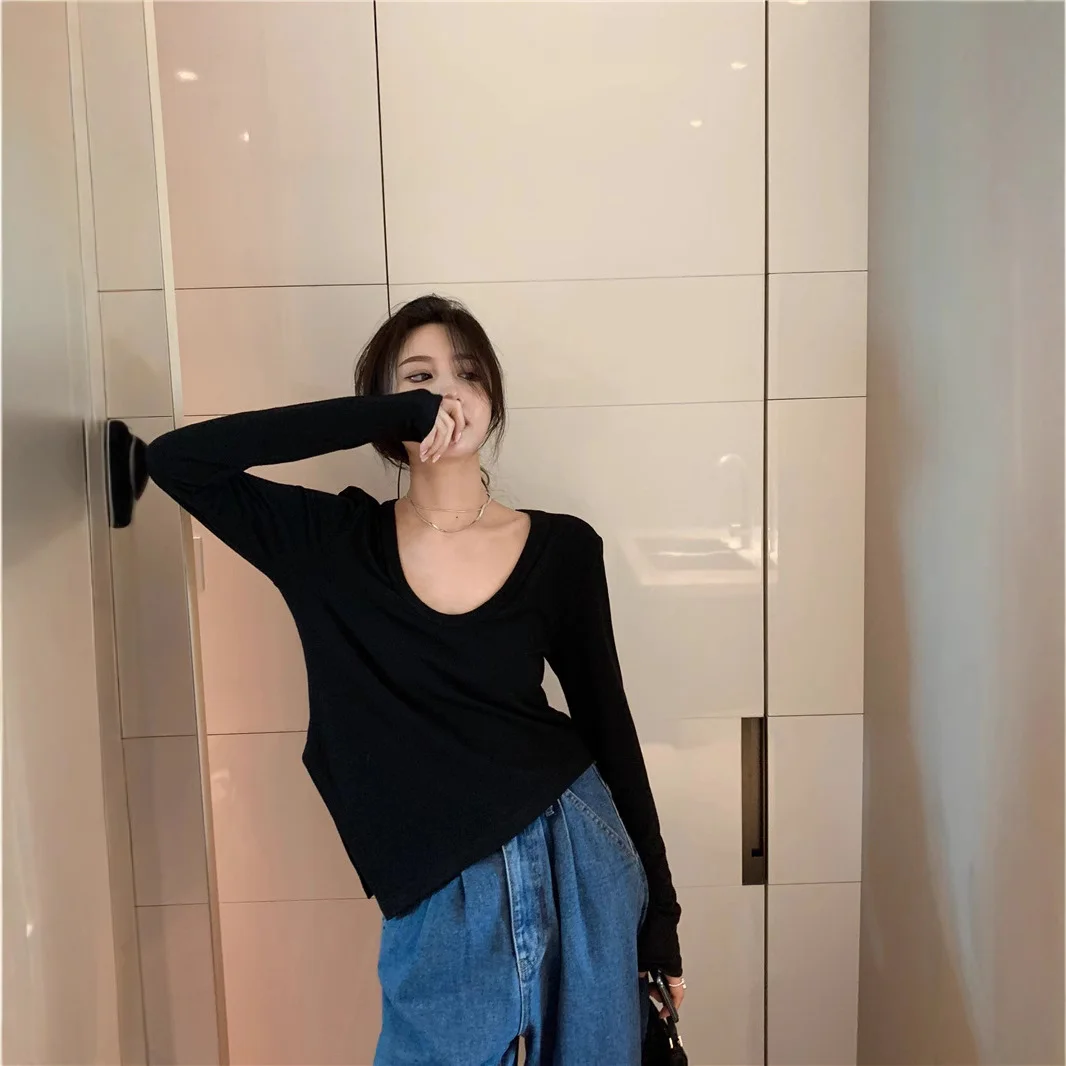 Uveng Uveng Female Slim Sexy Low Collar White Foreign Style Long Sleeves With Bottom Shirt 2024 Autumn New Slim Jacket
