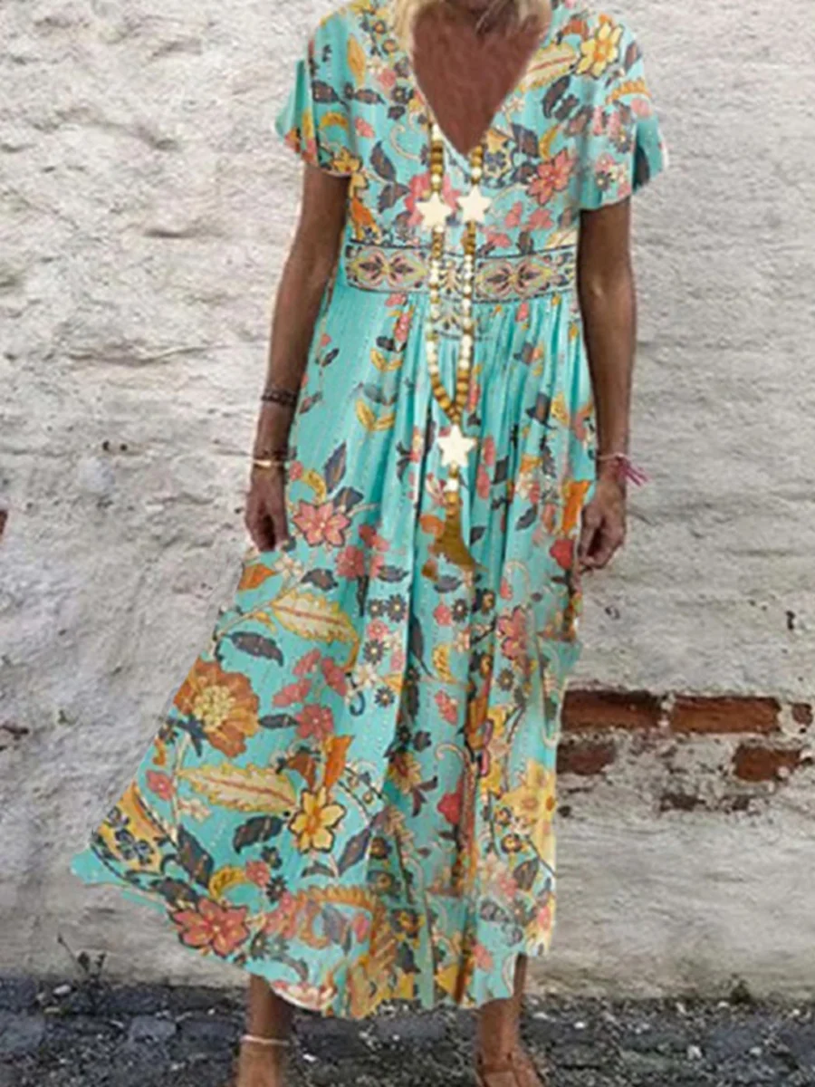 Casual Floral Print V-Neck Short Sleeve Maxi Dress