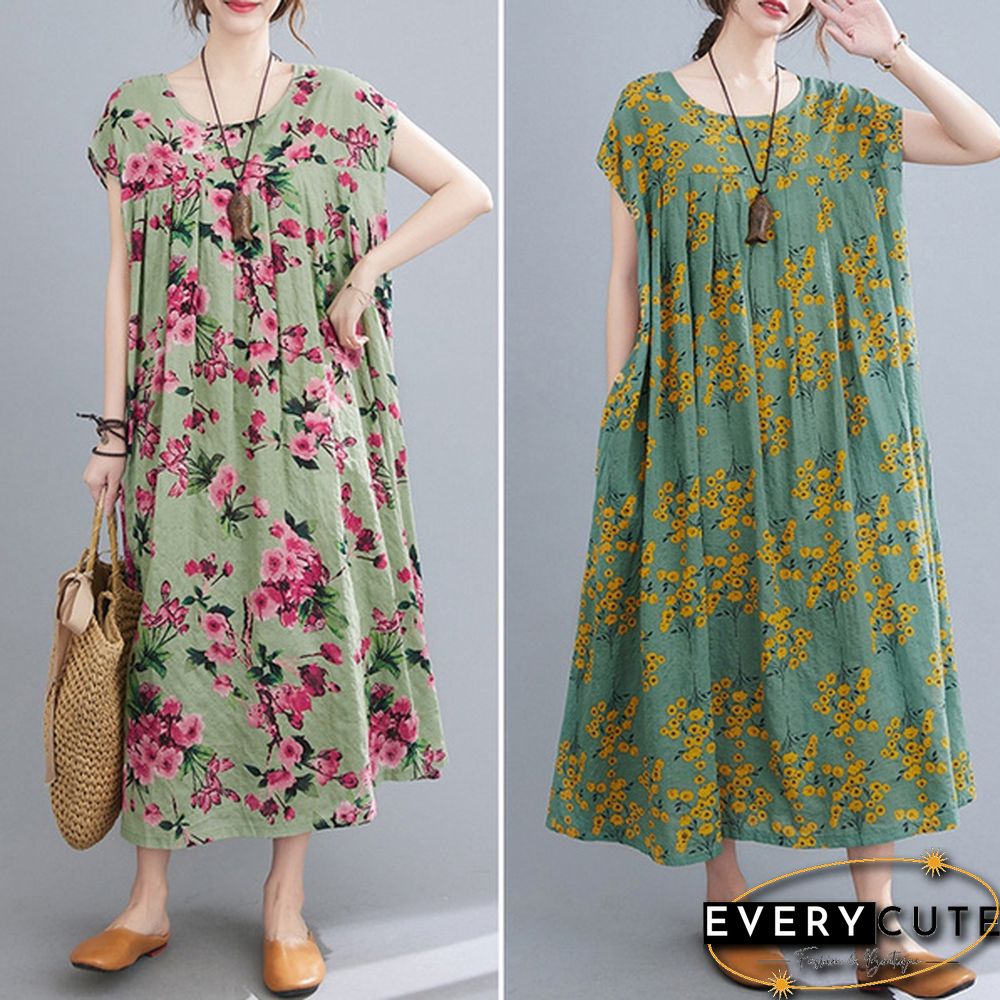 Women Summer Short Sleeve Crew Neck Loose Baggy Floral Printed Long Midi Shirt Dress Holiday Plus