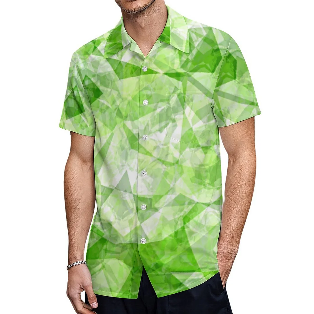 Cool Lime Green White Polygon Mosaic Art Hawaiian Shirt Mens Button Down Plus Size Tropical Hawaii Beach Shirts
