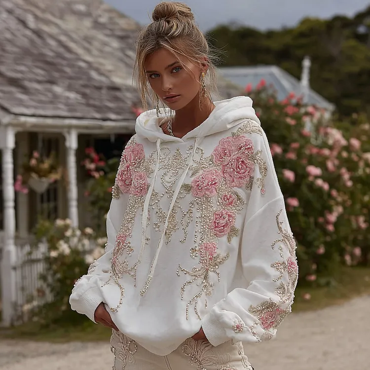 Women's Vintage Rose Pearl Embroidery Comfortable Warm Hoodie
