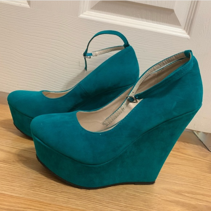 Custom Made Teal Vegan Suede Ankle Strap Wedges |FSJ Shoes