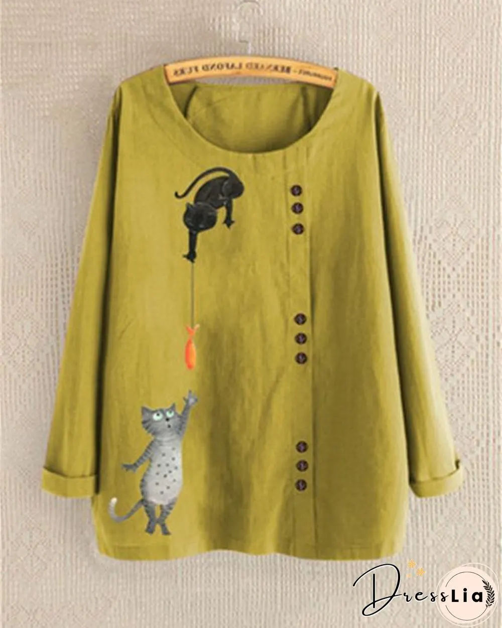 Round Neck Long Sleeve Cartoon Printed Blouses Tops
