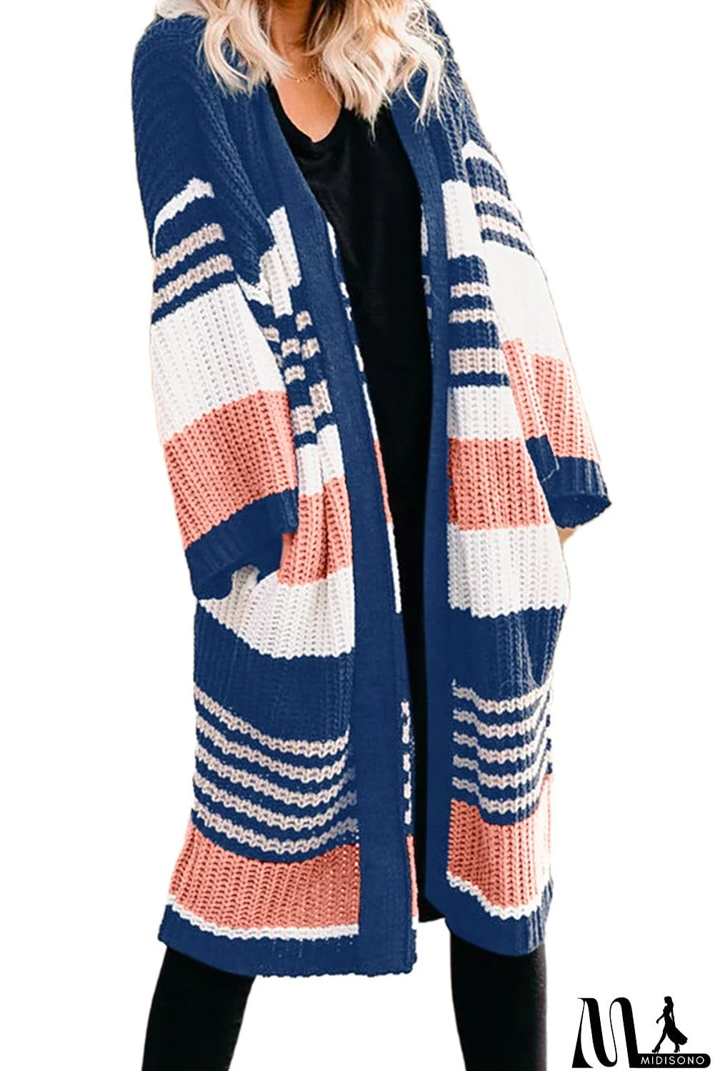 MidiSono - Pocketed Novelty Striped Chenille Cardigan