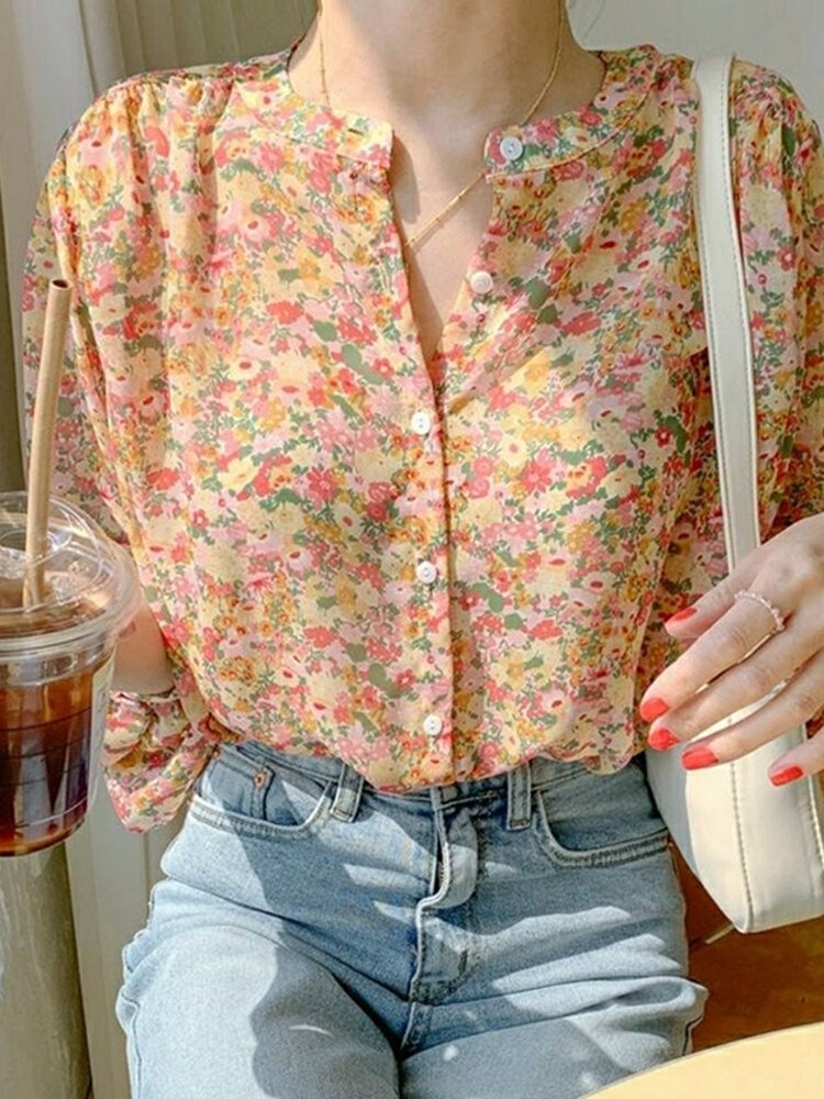 Floral Print Puff Sleeve Crew Neck Blouse For Women