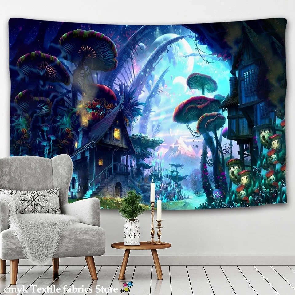 Fairytale Dreamy Tapestry Wall Hanging Psychedelic Carpet Huge Mushroom Castle Witchcraft Hippie Kids Room Decor