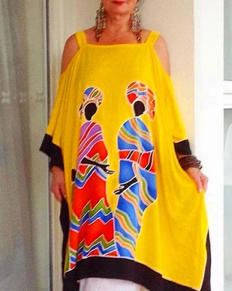 Positioning Print Suspender Mid Length Dress