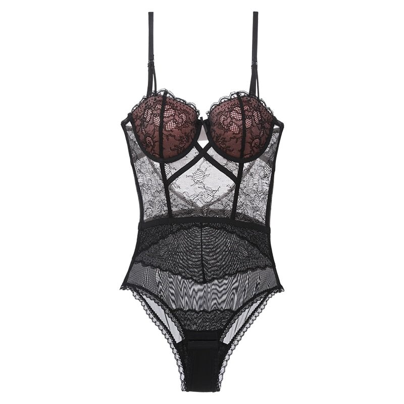 High Quality Sexy Lace Bodysuit New Women Push Up Bra Set Shapewear Classic Black Transparent Hollow Bodycon Underwear Onesies