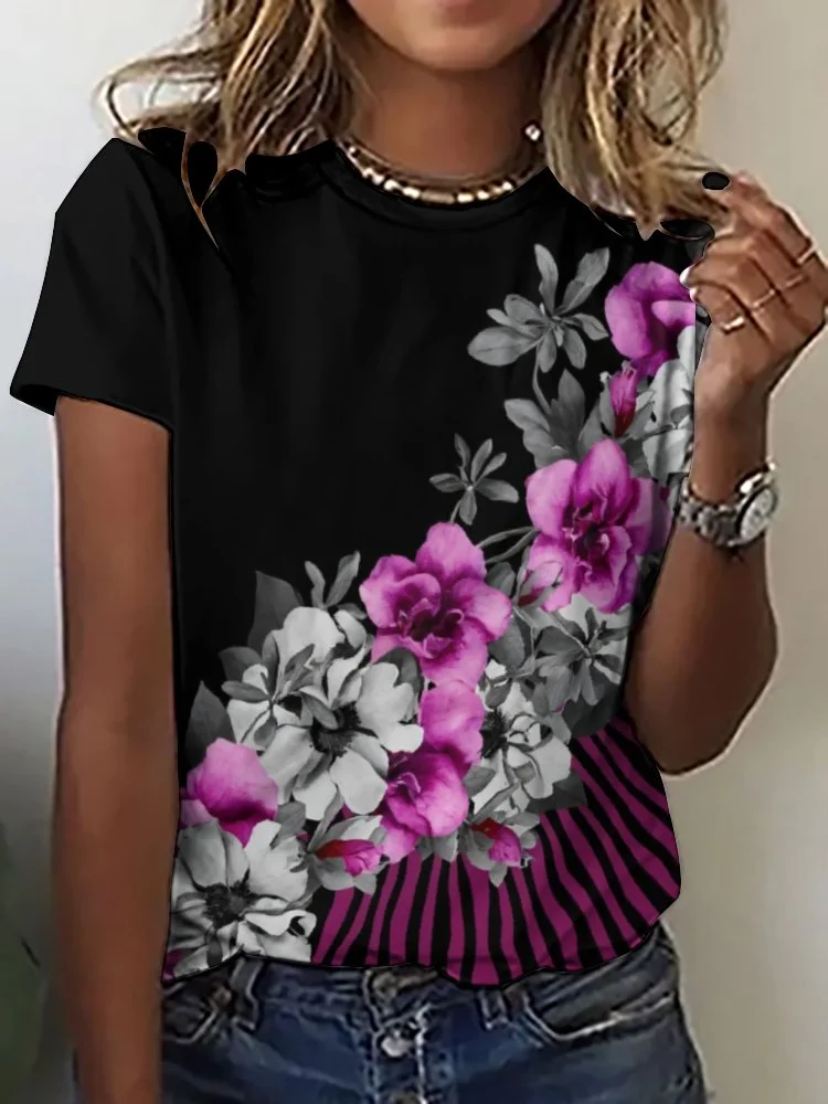 Printed Short Sleeve Casual T-shirt for  Women and Men Unisex Pattern Floral, Black, Rose Red