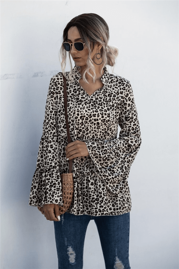 Fashion Leopard Print Mandarin Sleeve Blouse