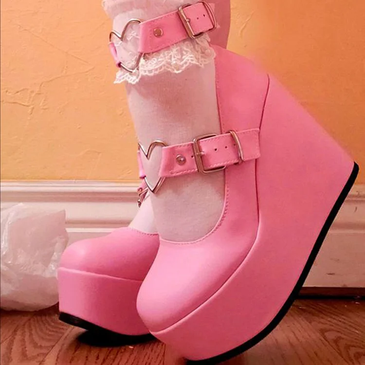 Pink Round Toe Buckle Shoes Women's Prom Cute Pumps Wedge Heels |FSJ Shoes