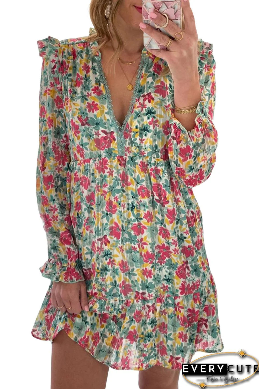 Green Ruffled Lace V Neck Floral Dress