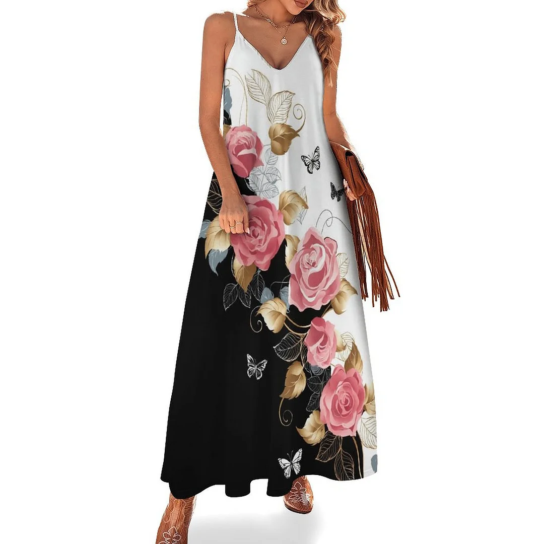 Style & Comfort for Mature Women Plus Size Printed Sling Casual Women Maxi Dress in Pattern Floral, Black, Red