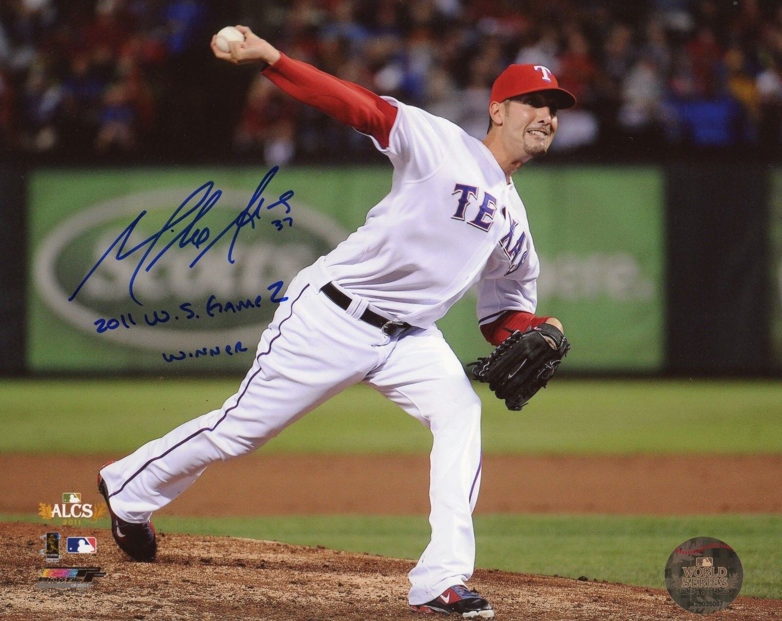 Mike Adams autographed 8x10 Texas Rangers #4WS Inscription