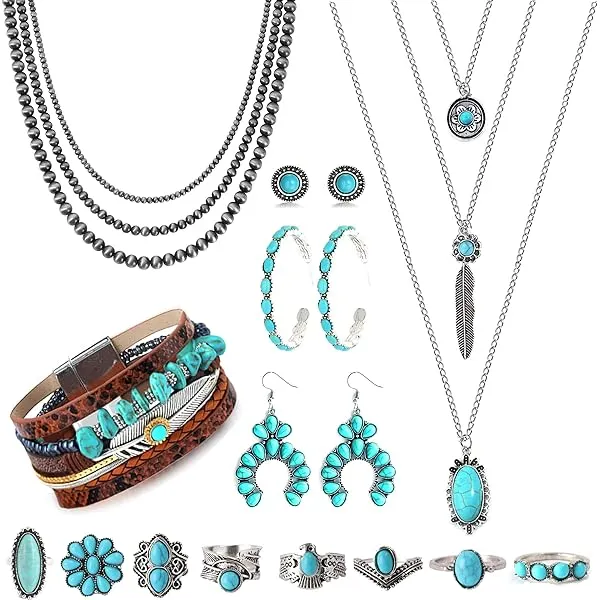 14 Pcs CASDAN Western Jewelry For Women Bohemian Turquoise Jewelry Set Navajo Pearl Choker Necklace Turquoise Faux Leather Cuff Bracelet Turquoise Hoop Dangle Earrings Turquoise Joint Knuckle Rings Western Jewelry Set