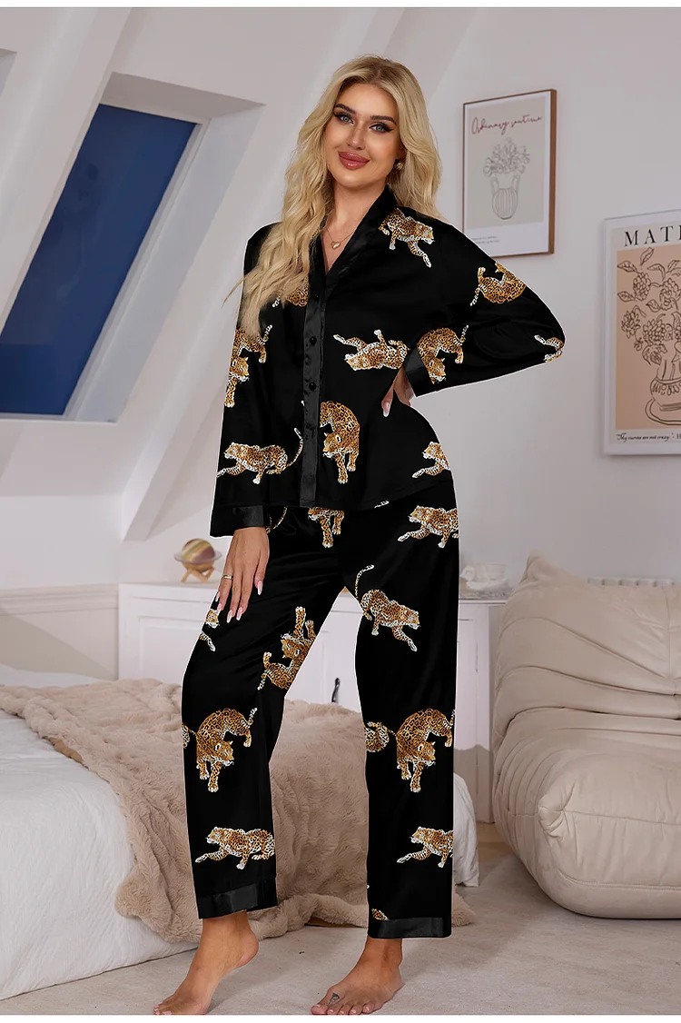 Women's V-neck Gold Leopard Black Long Sleeve Pajama Set