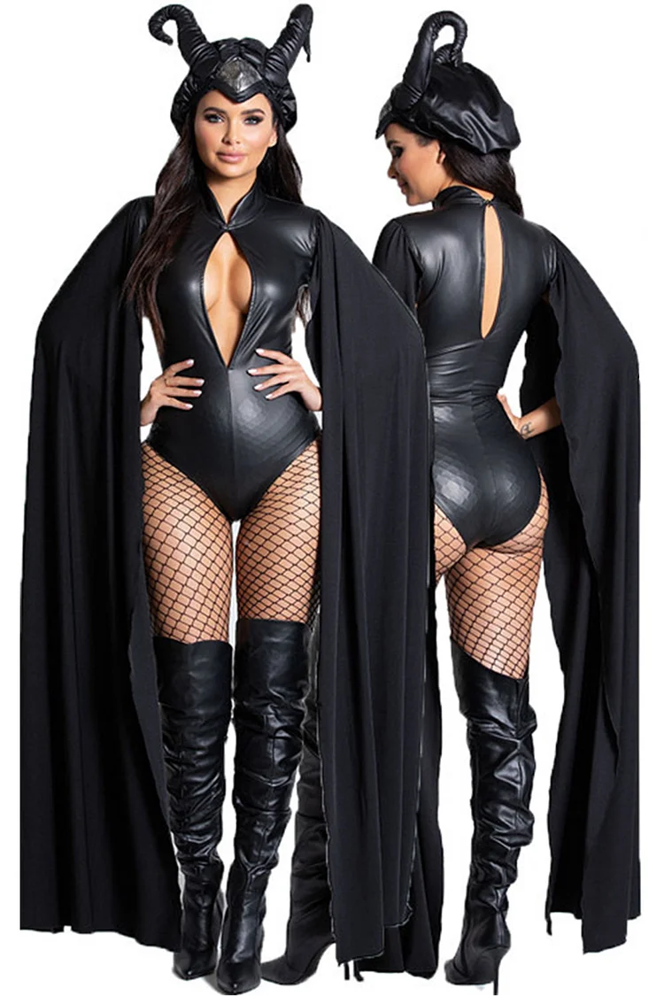 Gothic Black Halloween Costume Maleficent Cut Out Leather With Headwear Two Pieces Bodysuit Set