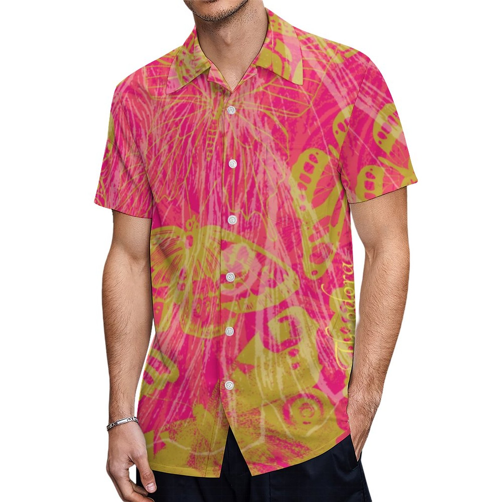 Chic Gold Butterfly Fuchsia Hawaiian Shirt Mens Button Down Plus Size Tropical Hawaii Beach Shirts