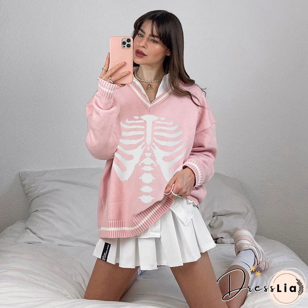 Weekeep Y2K Chic Print Streetwear Oversized Sweater Women'S Casual Autumn Winter Knitted Jumper Fashion Loose Knitwear Pullovers