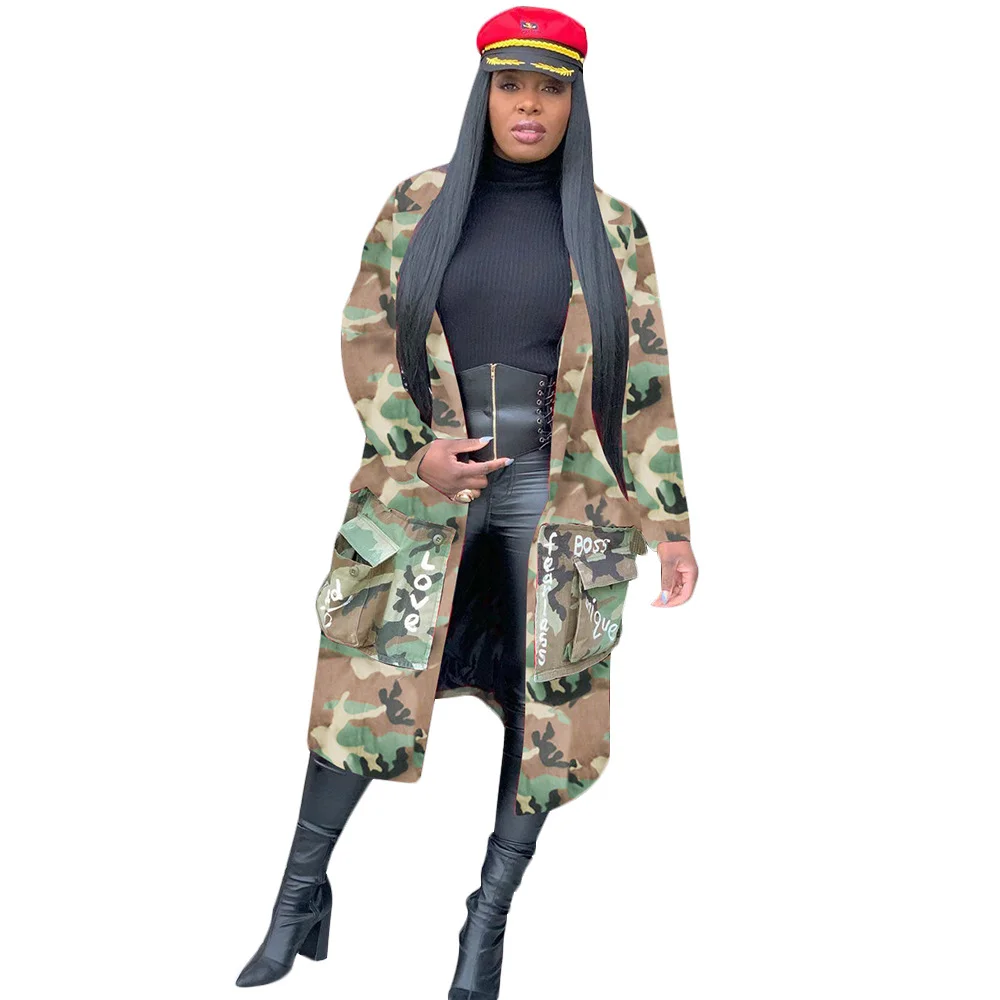 Women Camouflage Long Jacket Cardigan with Pockets
