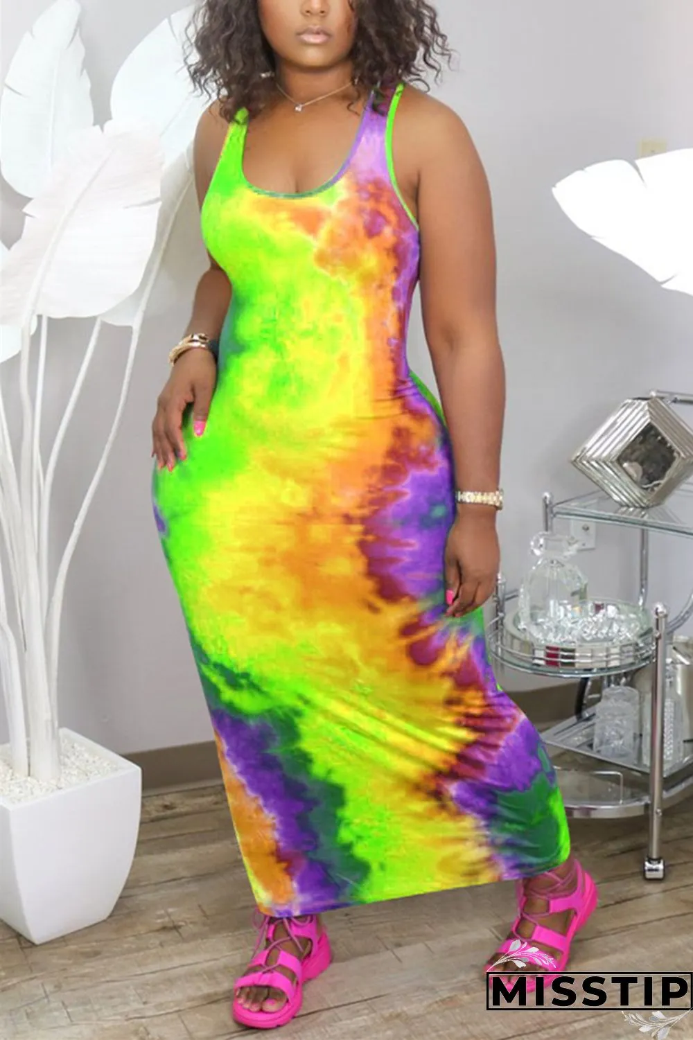 Orange Fashion Sexy Print Plus Size Sleeveless Dress