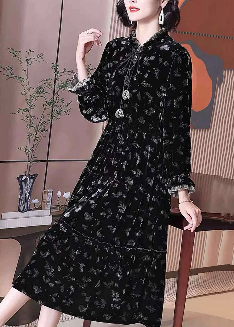French Black Ruffled Lace Up Print Silk Velour Long Dress Spring