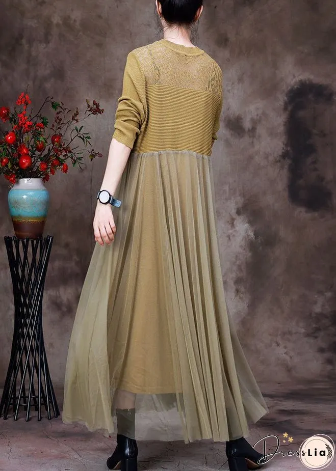 Stylish Yellow O-Neck Tulle Patchwork Knit Dress Long Sleeve