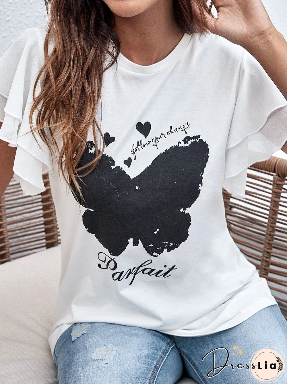 Women'S T-Shirts Butterfly Print Crew Neck Ruffle T-Shirt