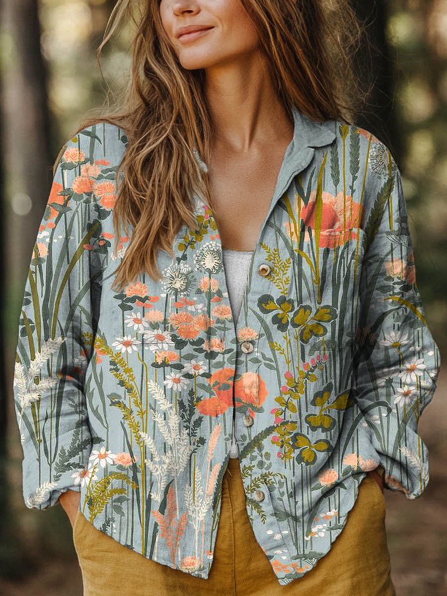 Vintage Floral Art Patchwork Cotton And Linen Shirt