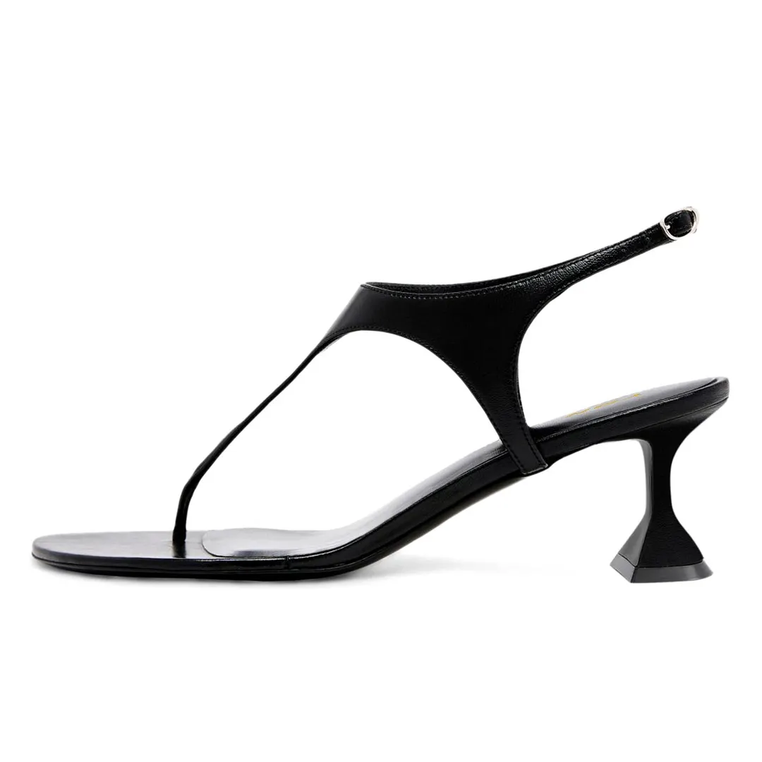 Simple Vegan Leather Open Toe Black Heels Sandals with T-Strap