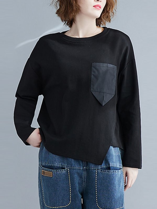 Artistic Retro Split-Joint Round-Neck Long Sleeves T-Shirt Top
