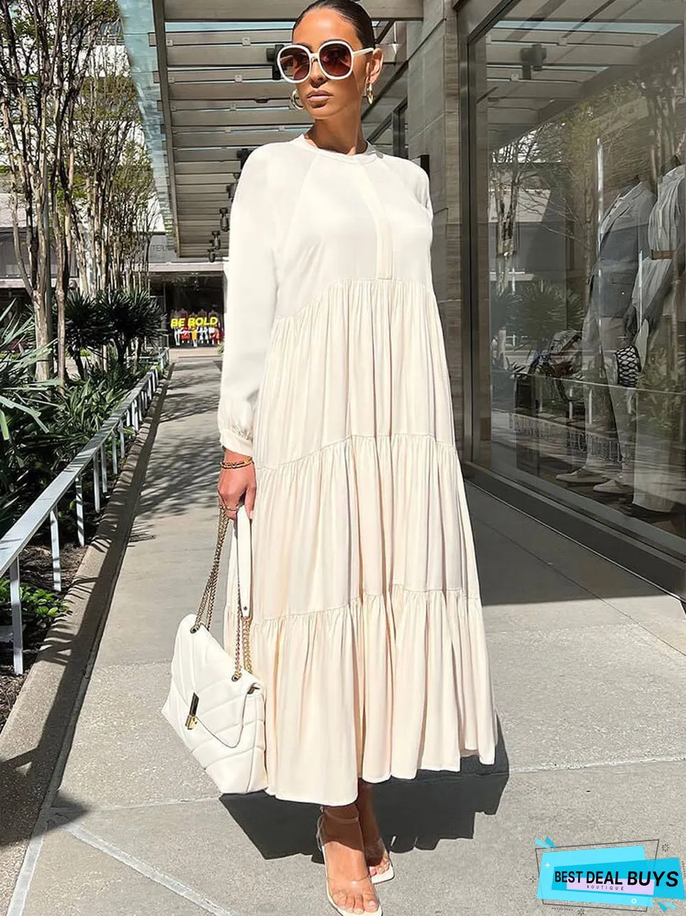 Long Sleeve Solid Ruffle Swing Maxi Dresses