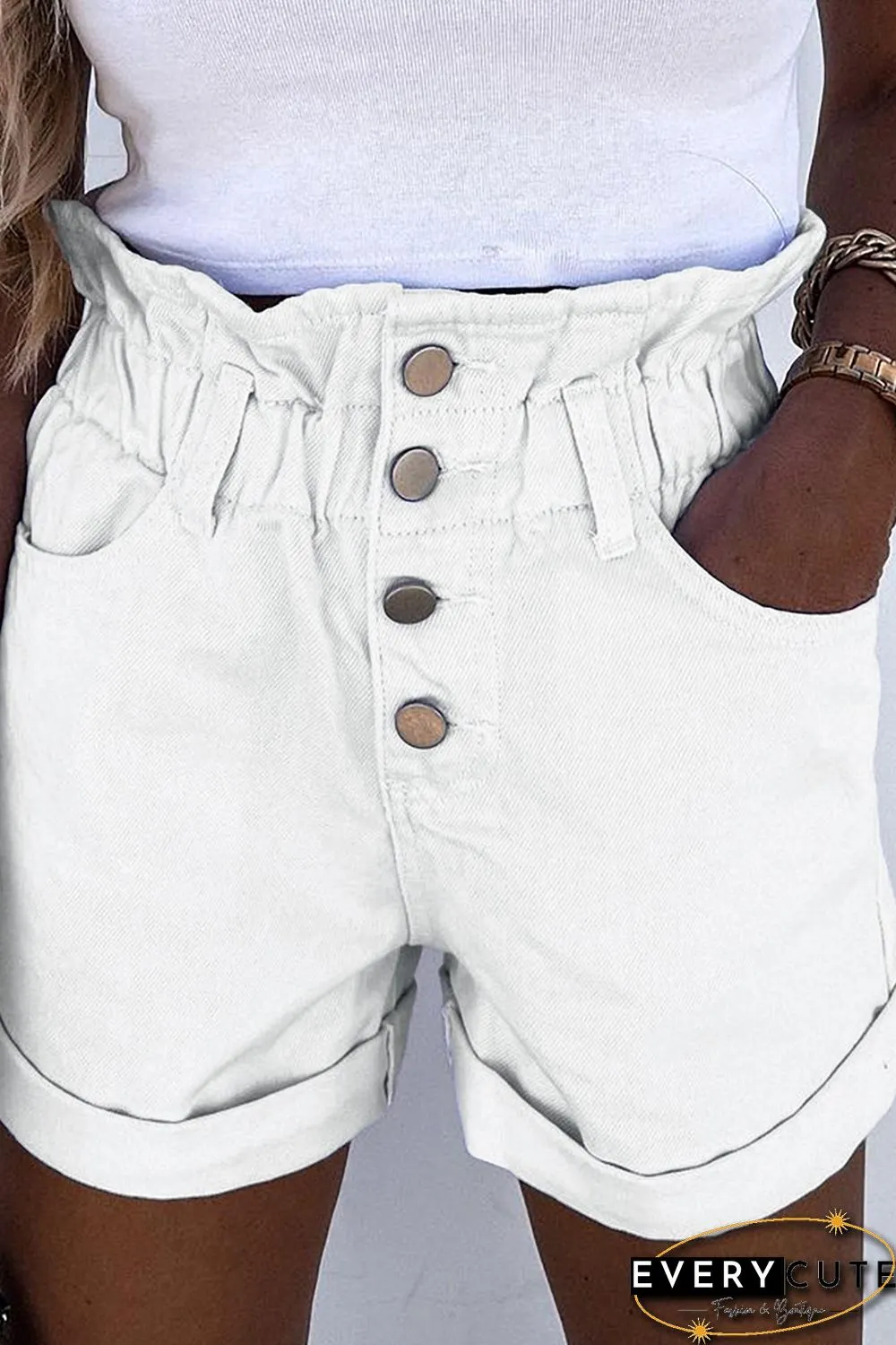 White Ruffled High Waist Buttoned Denim Shorts