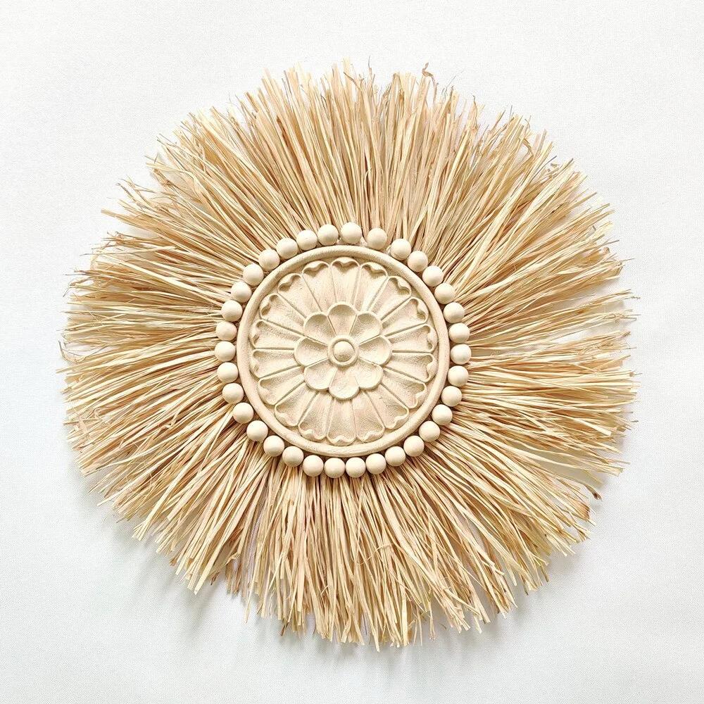 INS Nordic Round Woven Raffith Straw Mirror Moroccan Wood Beads Hanging Makeup Mirrors Wall Ornaments Homestay Home Decor Crafts