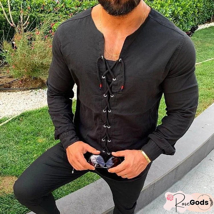 Men's Casual Pure Color Tether Cotton Linen Shirts Slim Fit Social Round Neck Blouses Top