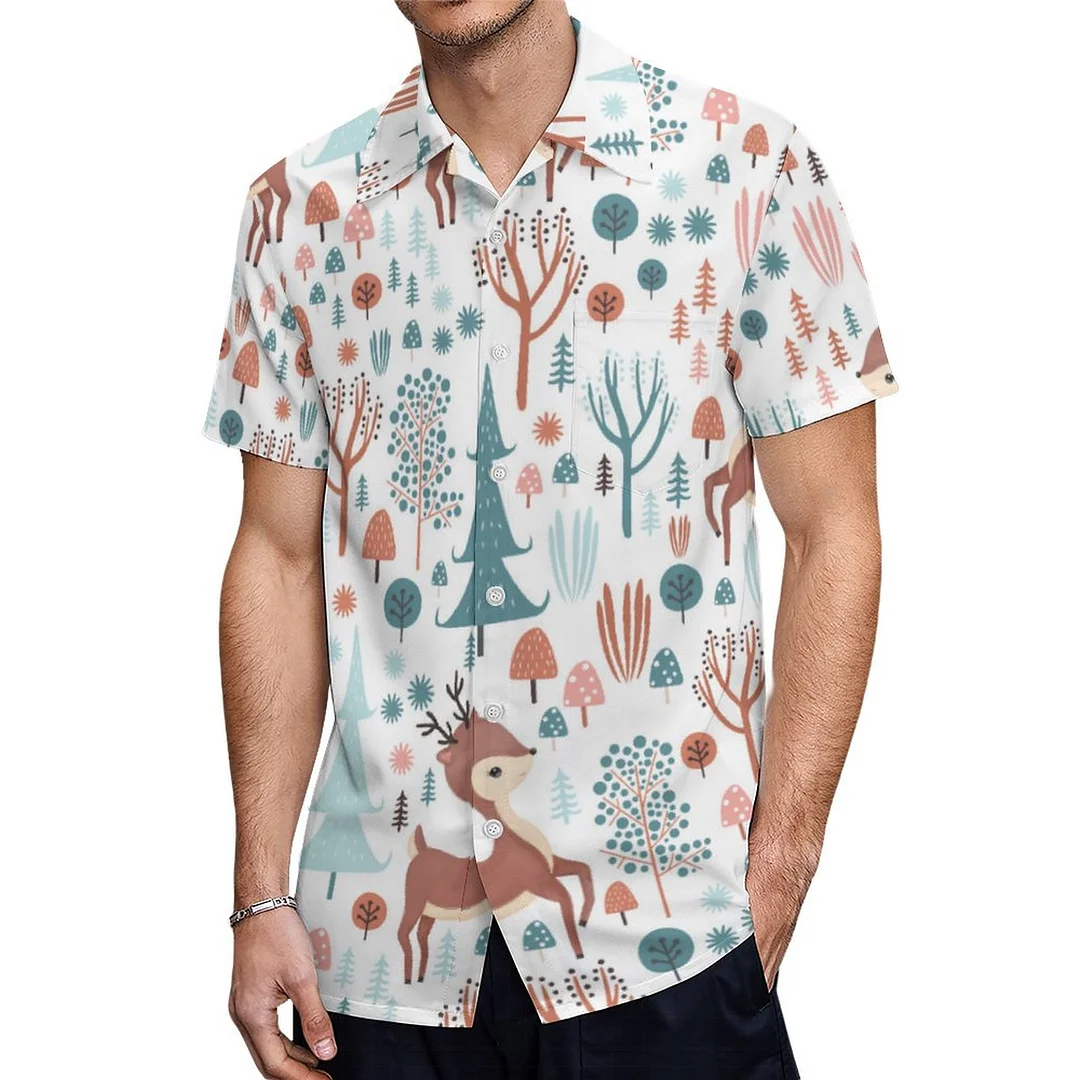 Short Sleeve Festive Whimsical Deer Hawaiian Shirt Mens Button Down Plus Size Tropical Hawaii Beach Shirts