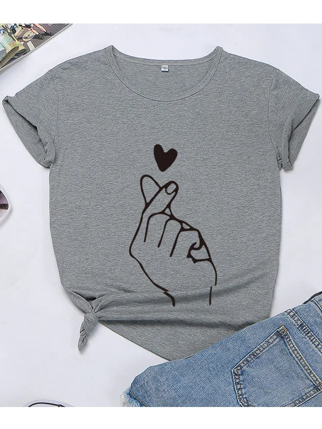 Round Neck Finger Heart Floral Short Sleeves T-shirt
