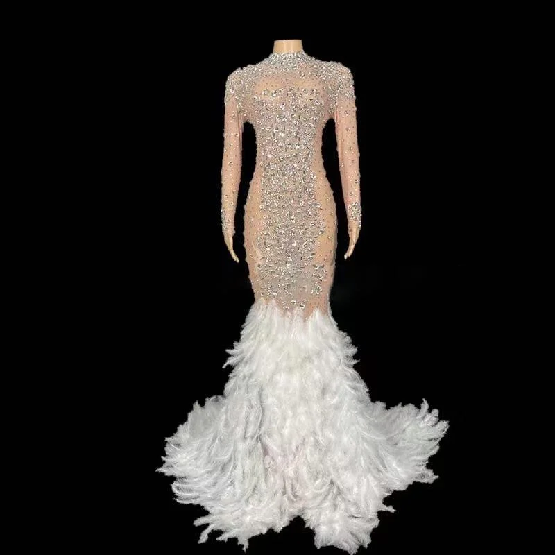 Zachics Rhinestone feather mermaid elegant long sleeves celebrity evening dress-zachics
