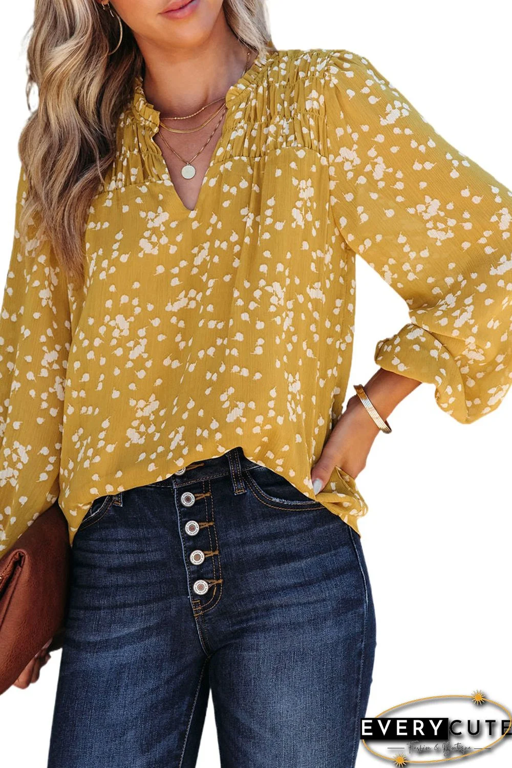 Yellow Split Neck Fall Printed Crinkled Blouse