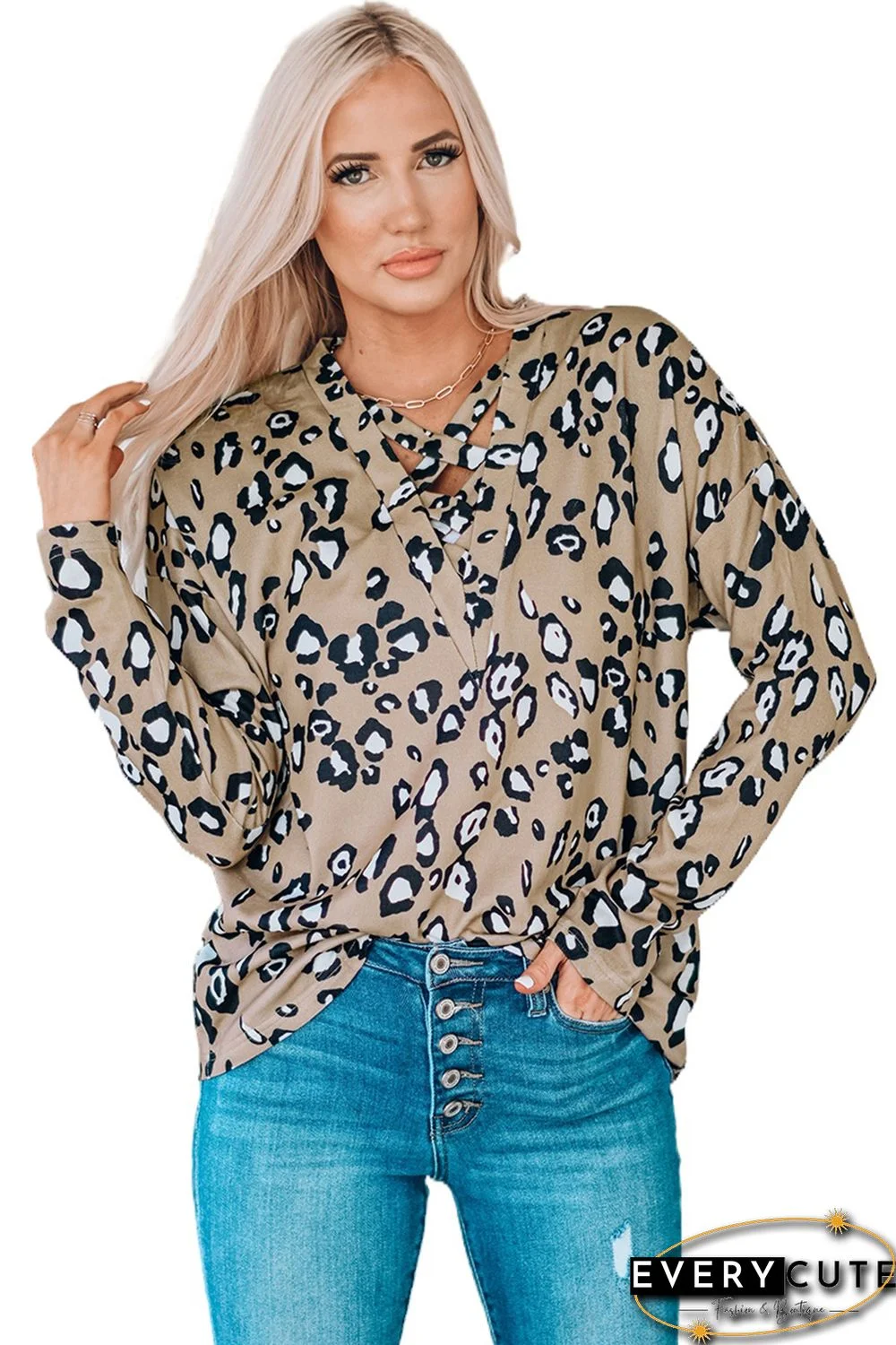 Leopard Crisscross V Neck Leopard Long Sleeve Tops