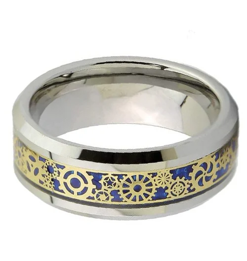 8MM Women's or Men's Tungsten Carbide Wedding Watches Gear Rings Gold Gears Over Blue Carbon Fiber Inlay Gold Mechanical Gears