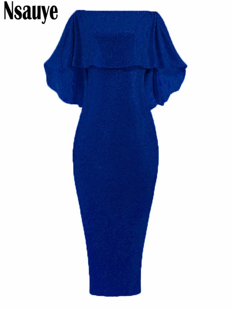 Nsauye 2022 Bling Glitter Elegant Party Evening Maxi Dress Y2K Bodycon Sexy Women Summer Off Shoulder Ruffles Solid Long Dresses