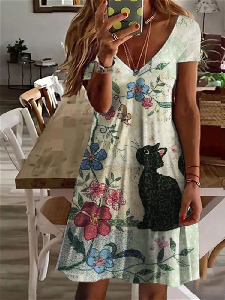 Cat in Nature Fiber Art V Neck Midi Dress wearshes