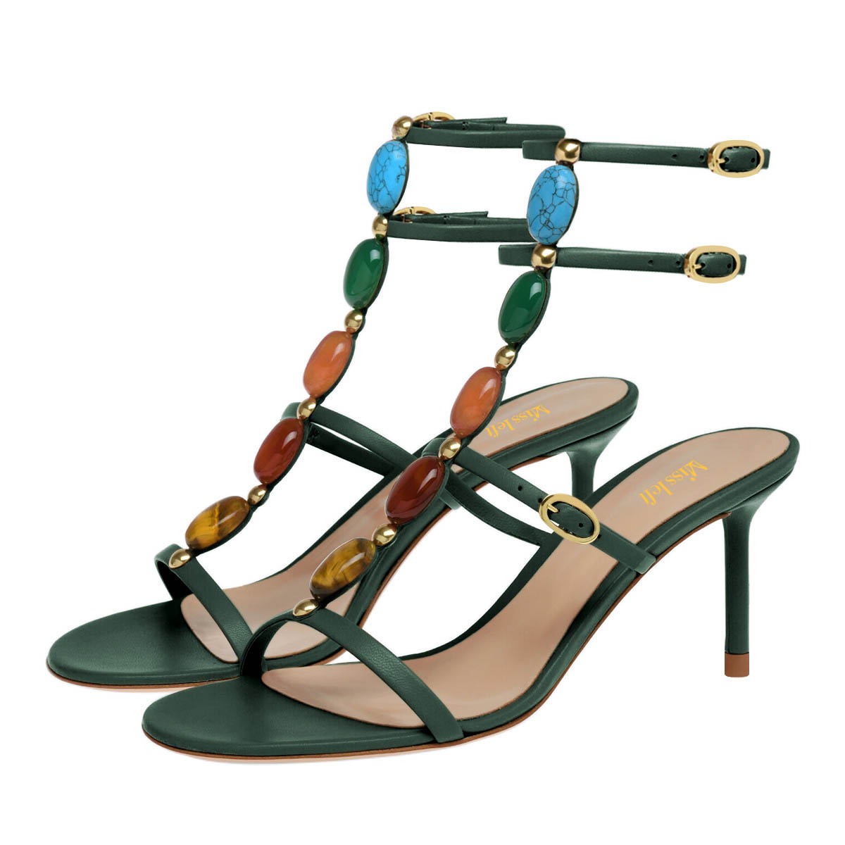 Green Ankle Strap Open Toe Stiletto Heel Women's Sandals with Jewels Nicepairs