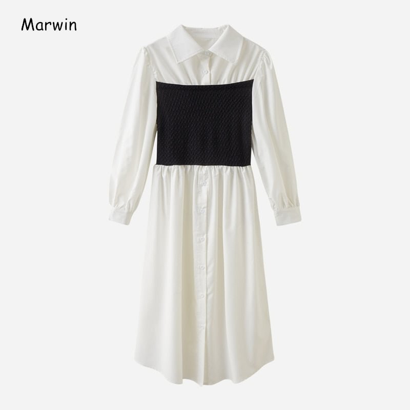 Marwin New-Coming Spring Loose Full Sleeve High Street Style Square Collar Mid-Calf Length Women Dresses