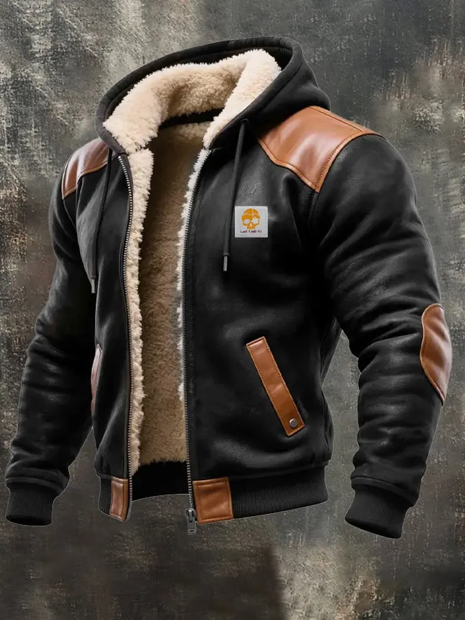 Warme Herren-Vintage-Jacke aus Wildleder und Leder mit Kapuze 