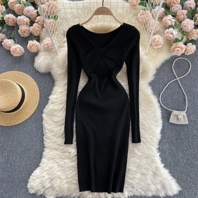 Croysier Autumn Winter 2021 Women Clothing Dresses Long Sleeve Ribbed Knitted Mini Dress Cut Out Twist V Neck Sexy Bodycon Dress