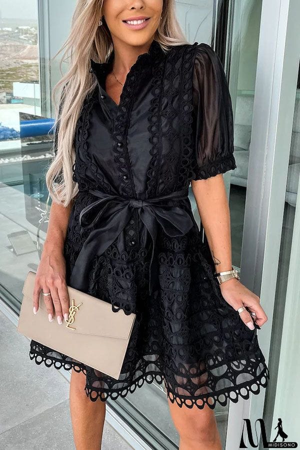 MidiSono - Crush on You Crochet Lace Bow Belt Mini Dress