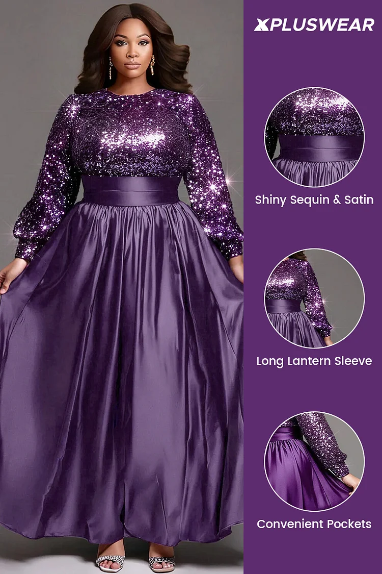 Xpluswear Design Plus Size Formal Purple Round Neck Long Sleeve Contrast Elegant Pocket Satin Sequin Maxi Dresses [Pre-Order]