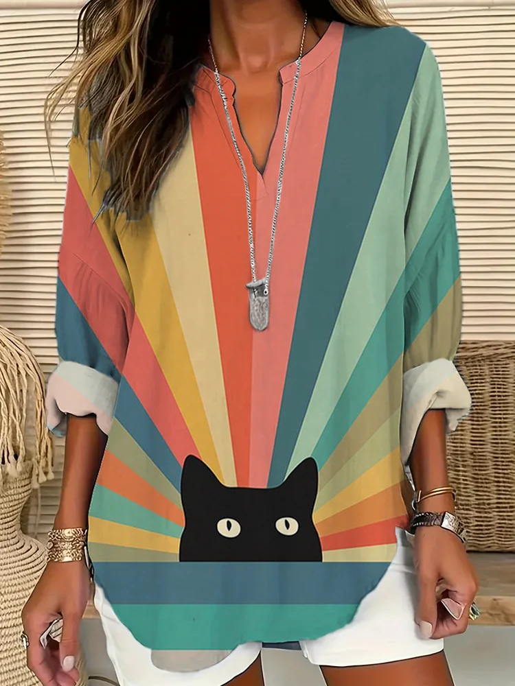 Comstylish Rainbow Cat Print Linen V-Neck Long Sleeve Shirt